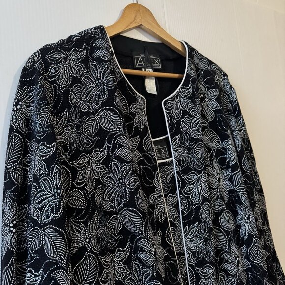 VTG Alex Evenings 2 Piece Set 2X Black White Lignt Blue Floral Sparkle JacketTop - Picture 12 of 16